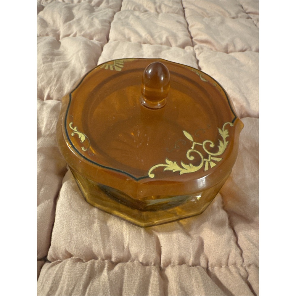 Vintage Amber Paneled Glass Swirl Lid Victorian Vanity Powder Box Jar